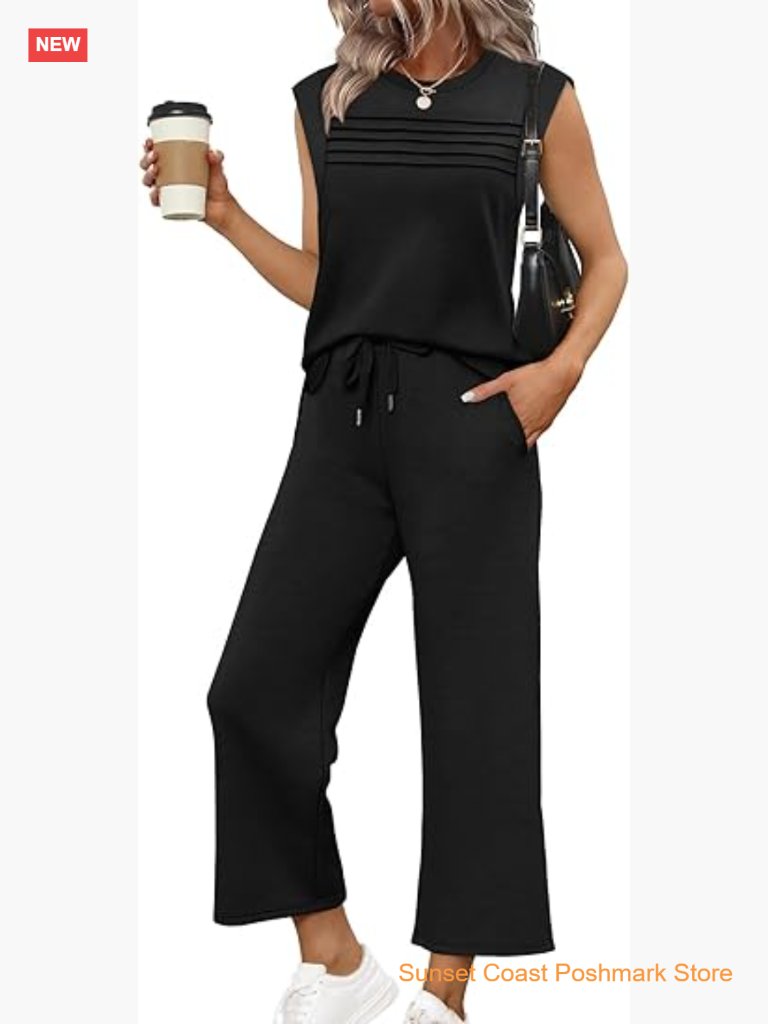 Cap Sleeve Side Slit Top Wide Leg Pants Lounge Set Travel Vacation Outfits